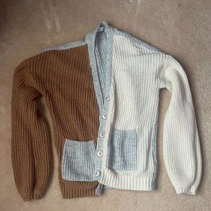 Small Brown, White and Grey Button Up, Knitted Sweater